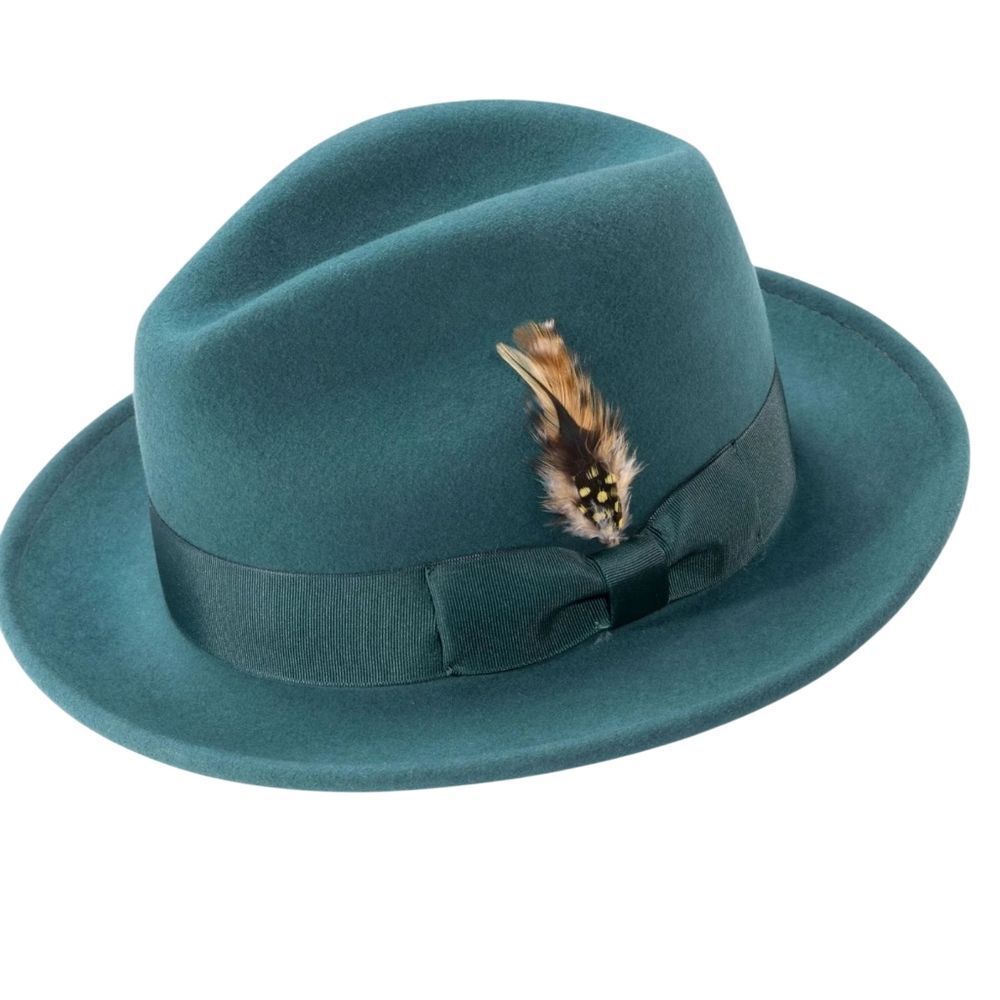 MONTIQUE MENS EMERALD LIGHT FELT 2 1/2" WIDE BRIM PINCH FEDORA HAT. H60